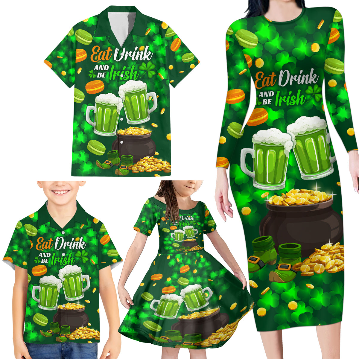 Be Irish St Patricks Day Family Matching Long Sleeve Bodycon Dress and Hawaiian Shirt Drink Drank Drunk LT9 - Wonder Print Shop
