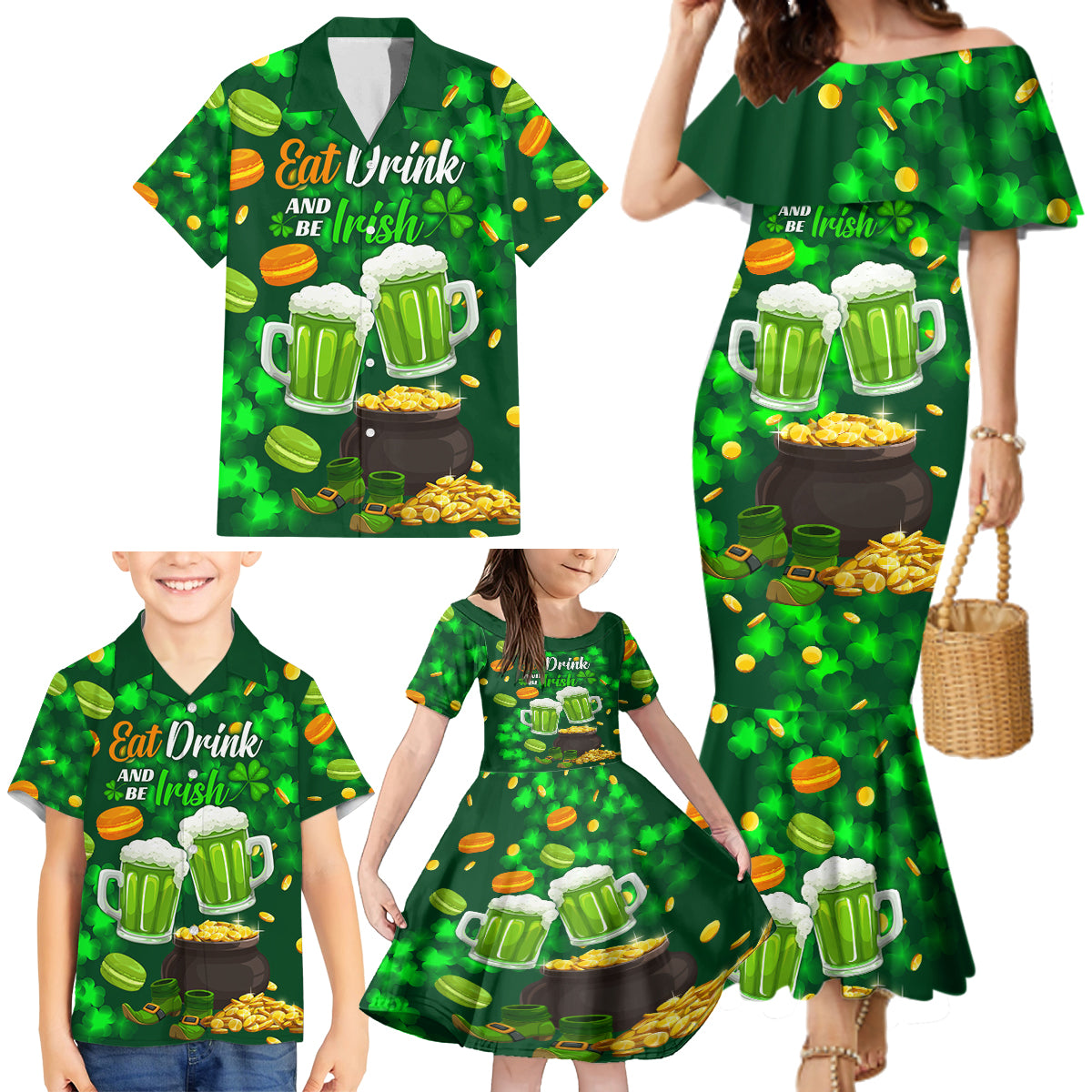 Be Irish St Patricks Day Family Matching Mermaid Dress and Hawaiian Shirt Drink Drank Drunk LT9 - Wonder Print Shop