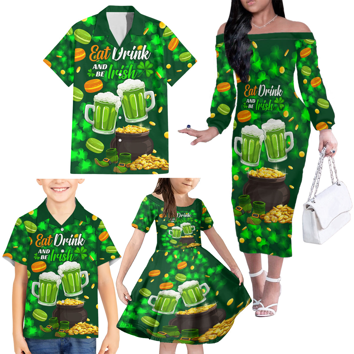 Be Irish St Patricks Day Family Matching Off Shoulder Long Sleeve Dress and Hawaiian Shirt Drink Drank Drunk - Wonder Print Shop