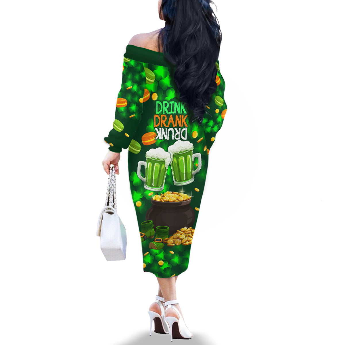 Be Irish St Patricks Day Family Matching Off Shoulder Long Sleeve Dress and Hawaiian Shirt Drink Drank Drunk - Wonder Print Shop