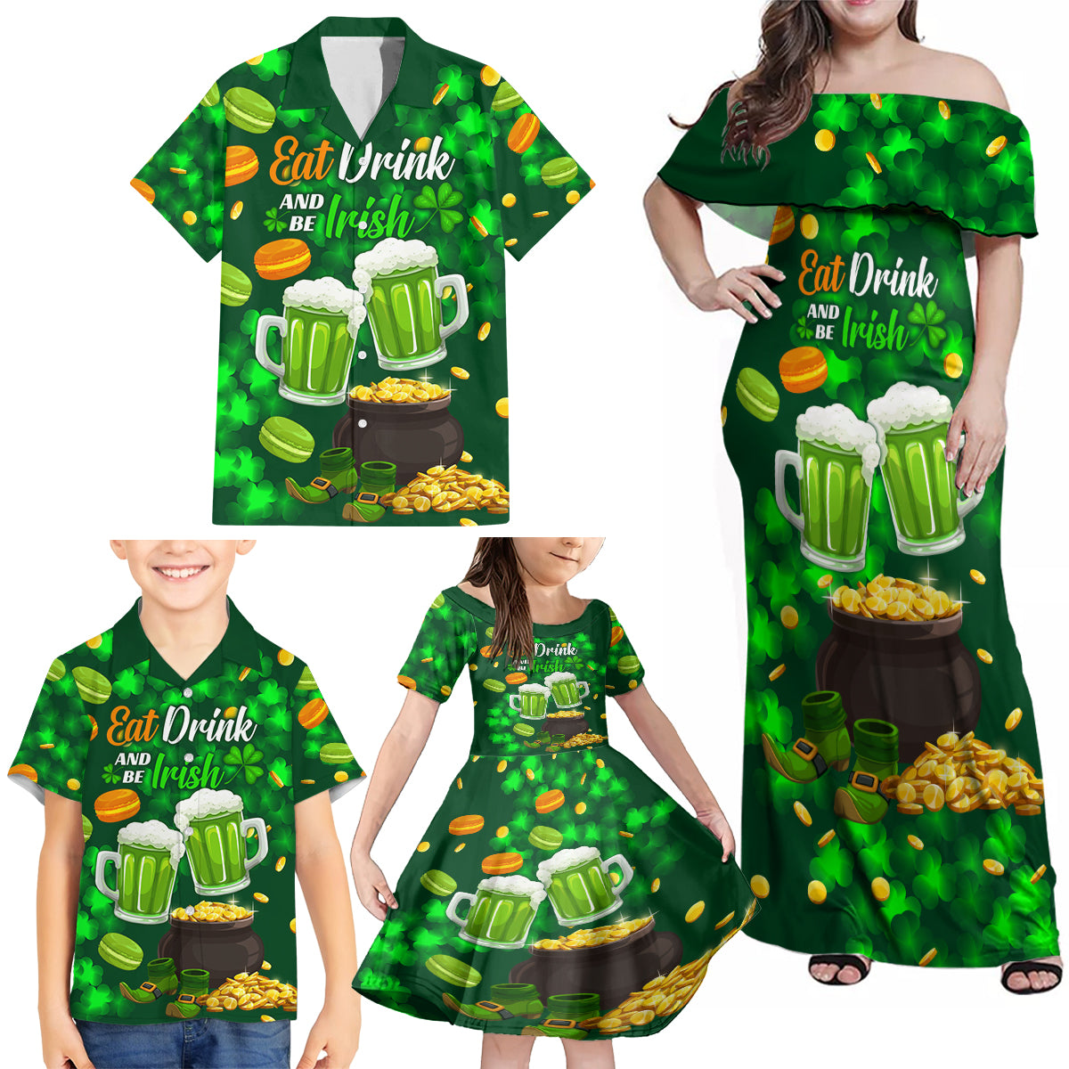 Be Irish St Patricks Day Family Matching Off Shoulder Maxi Dress and Hawaiian Shirt Drink Drank Drunk LT9 - Wonder Print Shop