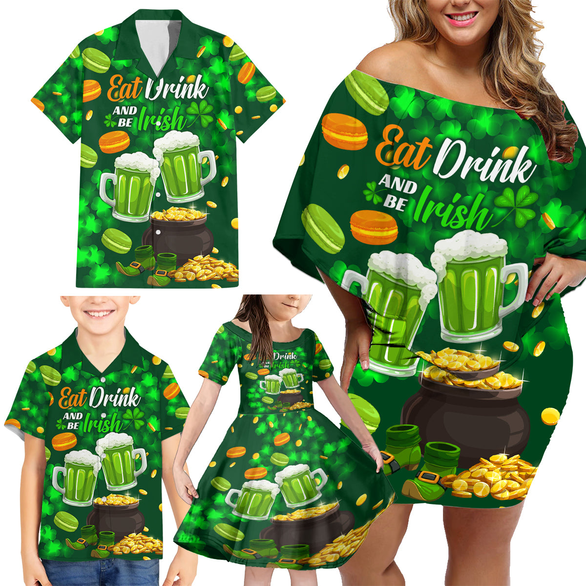 Be Irish St Patricks Day Family Matching Off Shoulder Short Dress and Hawaiian Shirt Drink Drank Drunk LT9 - Wonder Print Shop