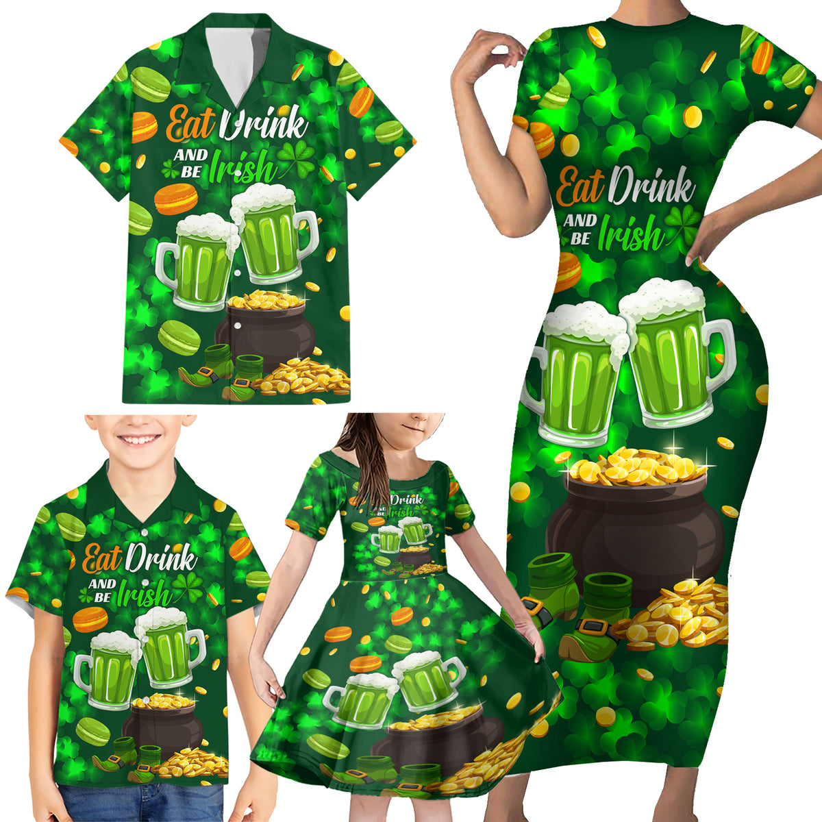 Be Irish St Patricks Day Family Matching Short Sleeve Bodycon Dress and Hawaiian Shirt Drink Drank Drunk - Wonder Print Shop