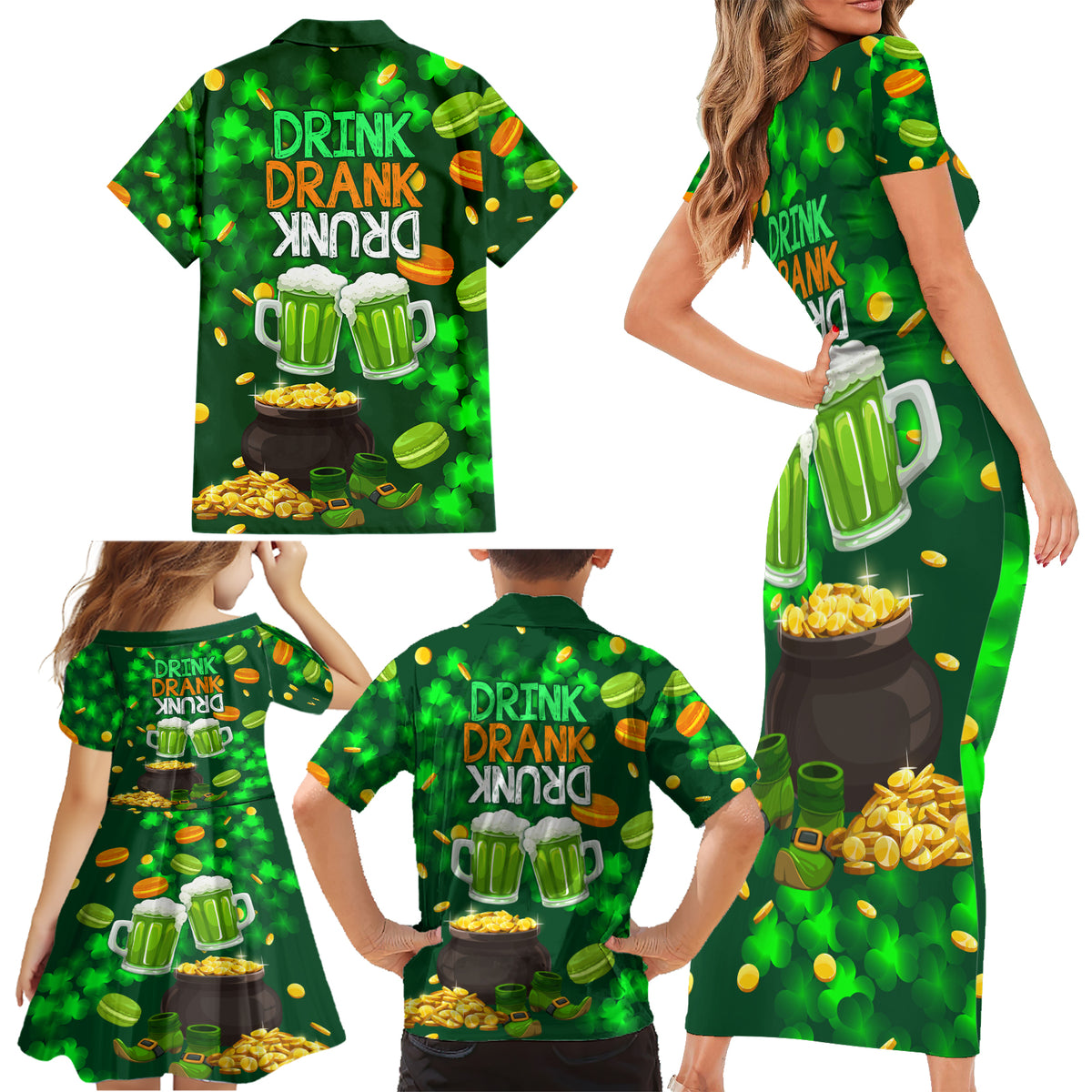 Be Irish St Patricks Day Family Matching Short Sleeve Bodycon Dress and Hawaiian Shirt Drink Drank Drunk - Wonder Print Shop