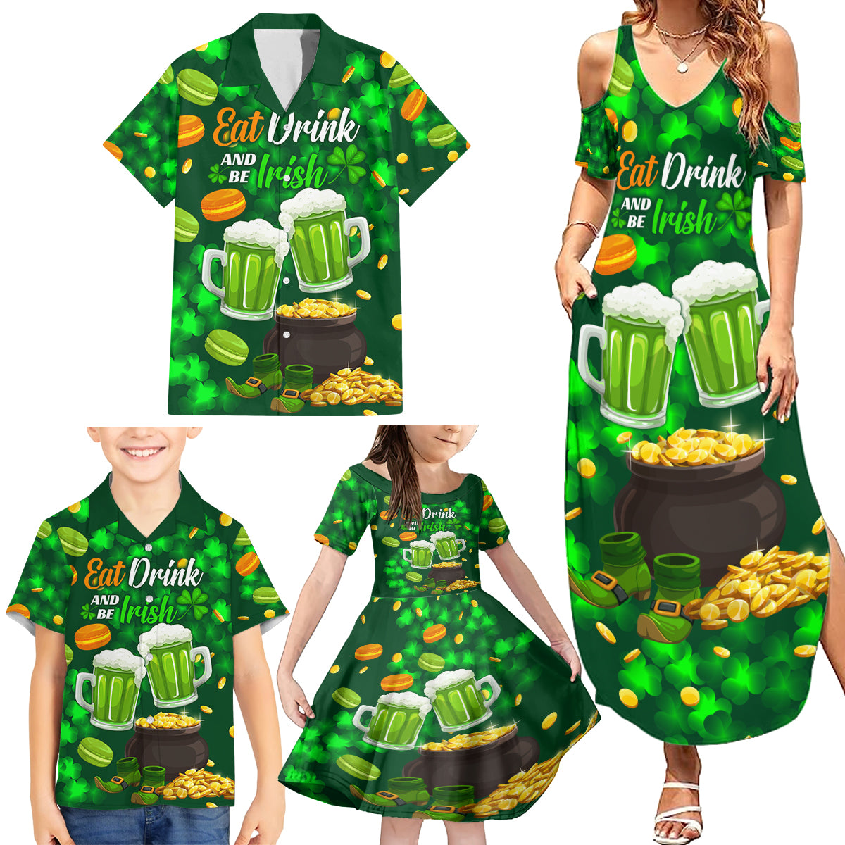 Be Irish St Patricks Day Family Matching Summer Maxi Dress and Hawaiian Shirt Drink Drank Drunk - Wonder Print Shop