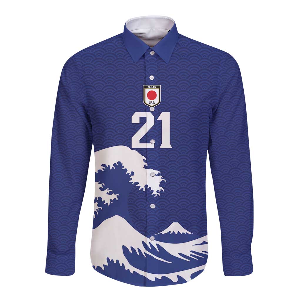 Custom Football Japan Yatagarasu Long Sleeve Button Shirt Tsunami Wave Pattern