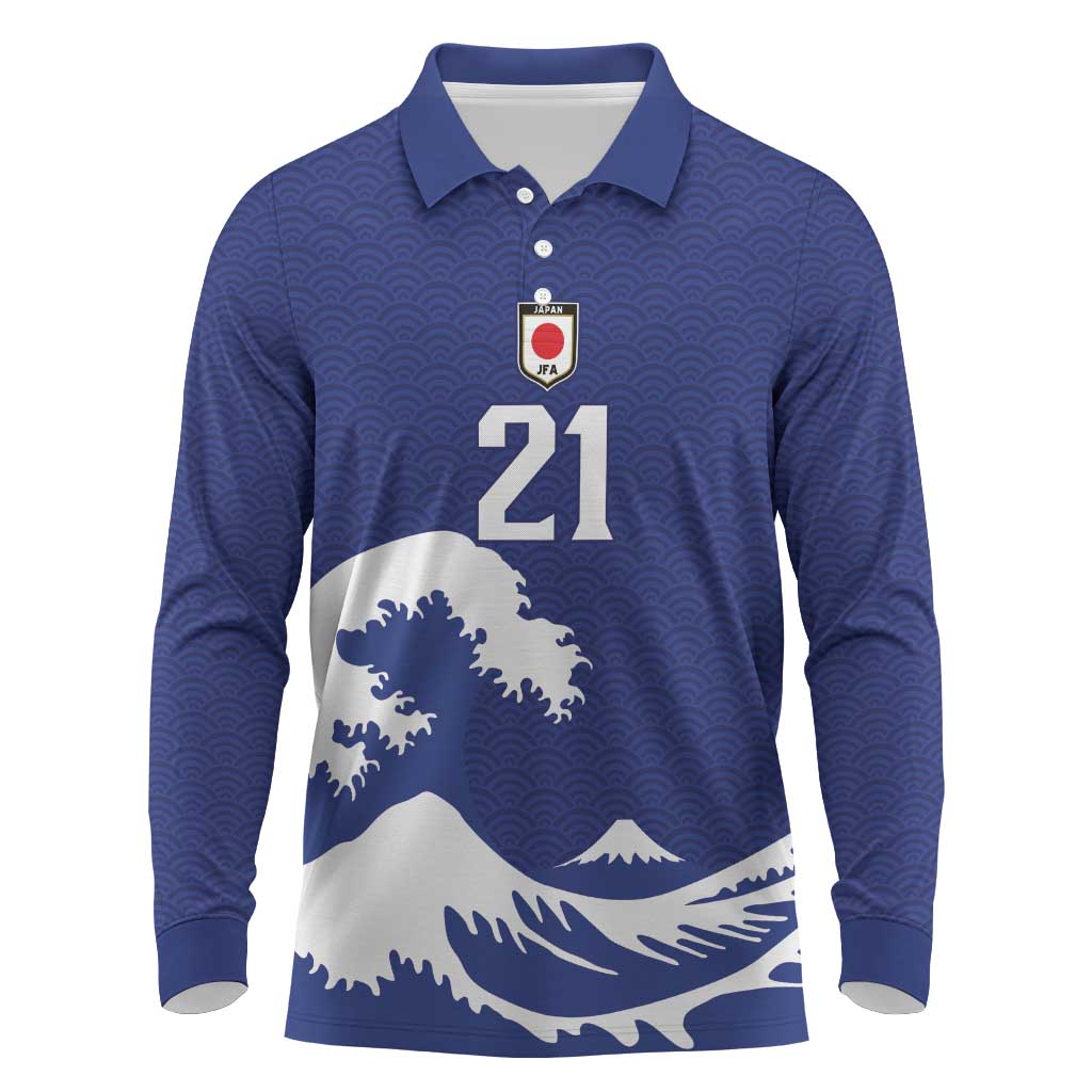 Custom Football Japan Yatagarasu Long Sleeve Polo Shirt Tsunami Wave Pattern