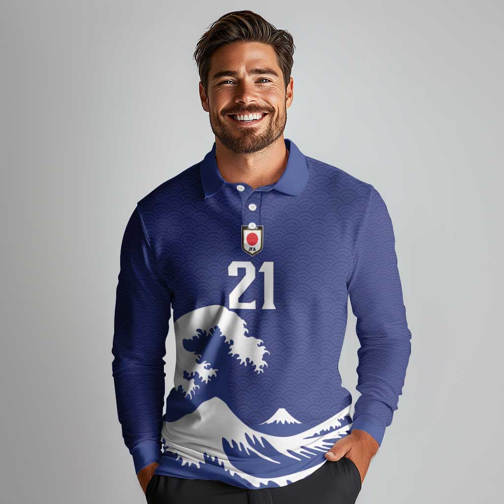 Custom Football Japan Yatagarasu Long Sleeve Polo Shirt Tsunami Wave Pattern