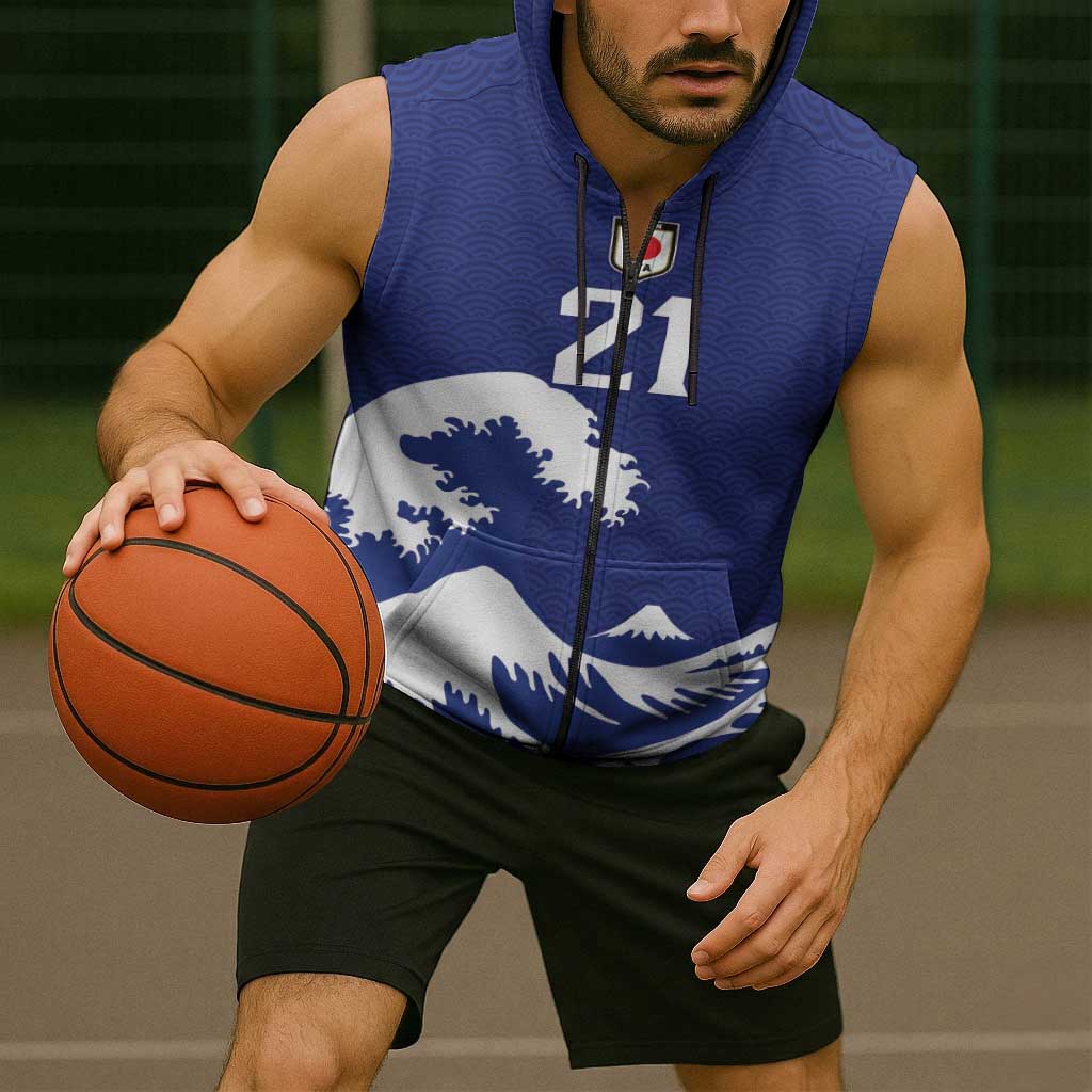 Custom Football Japan Yatagarasu Sleeveless Zip Hoodie Tsunami Wave Pattern