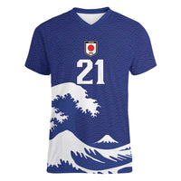 Custom Football Japan Yatagarasu Women V-Neck T-Shirt Tsunami Wave Pattern