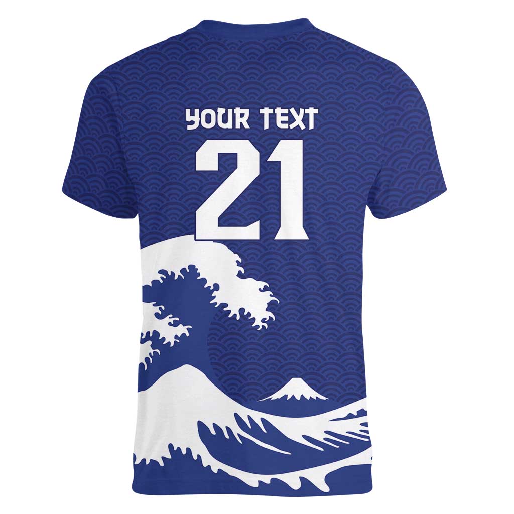 Custom Football Japan Yatagarasu Women V-Neck T-Shirt Tsunami Wave Pattern