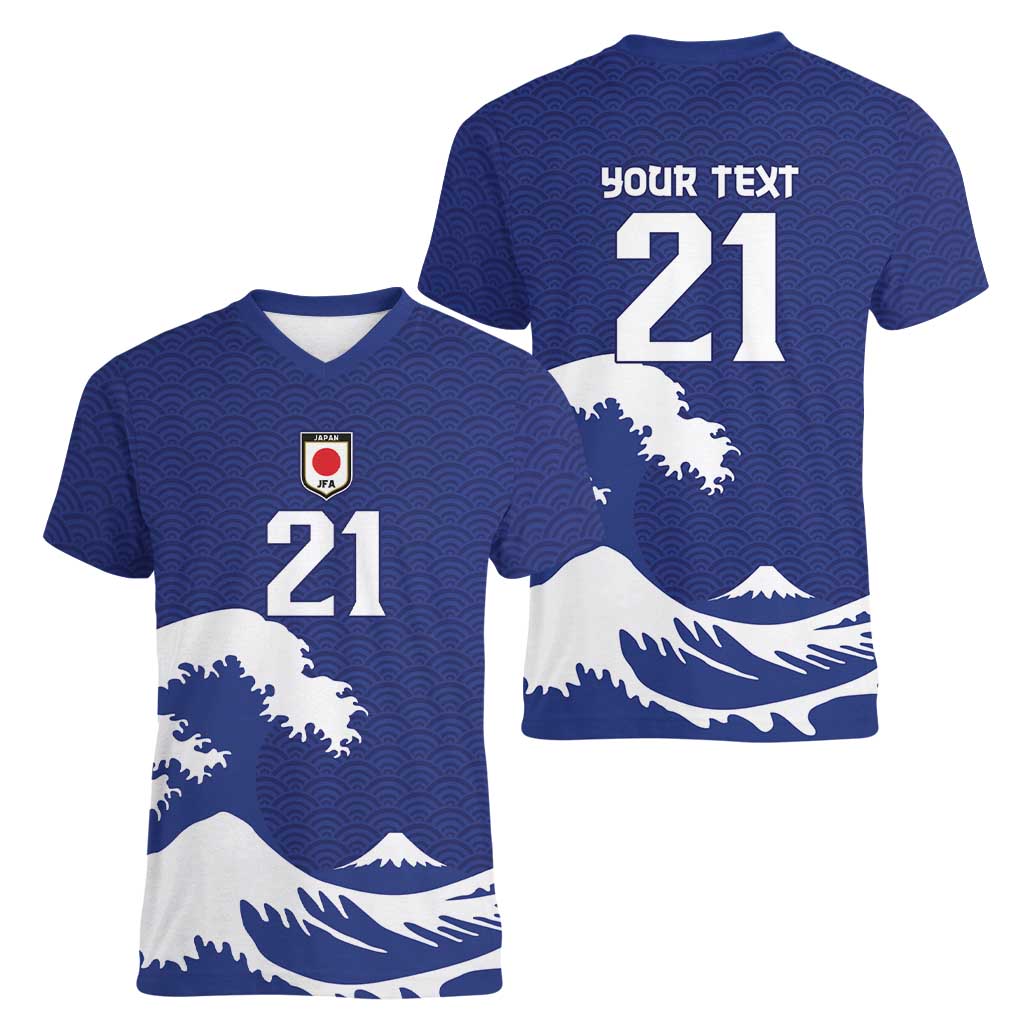 Custom Football Japan Yatagarasu Women V-Neck T-Shirt Tsunami Wave Pattern