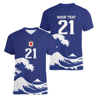 Custom Football Japan Yatagarasu Women V-Neck T-Shirt Tsunami Wave Pattern