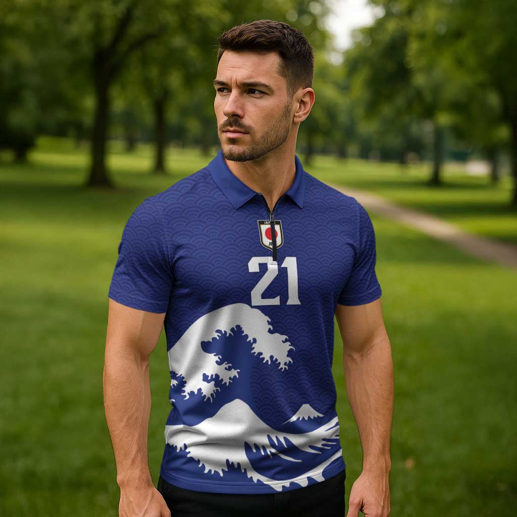 Custom Football Japan Yatagarasu Zipper Polo Shirt Tsunami Wave Pattern