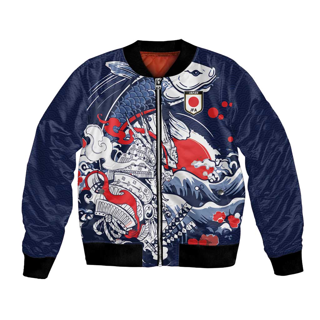 Personalized Football Japan Yatagarasu Bomber Jacket Blue Samurai Tsunami Wave Pattern
