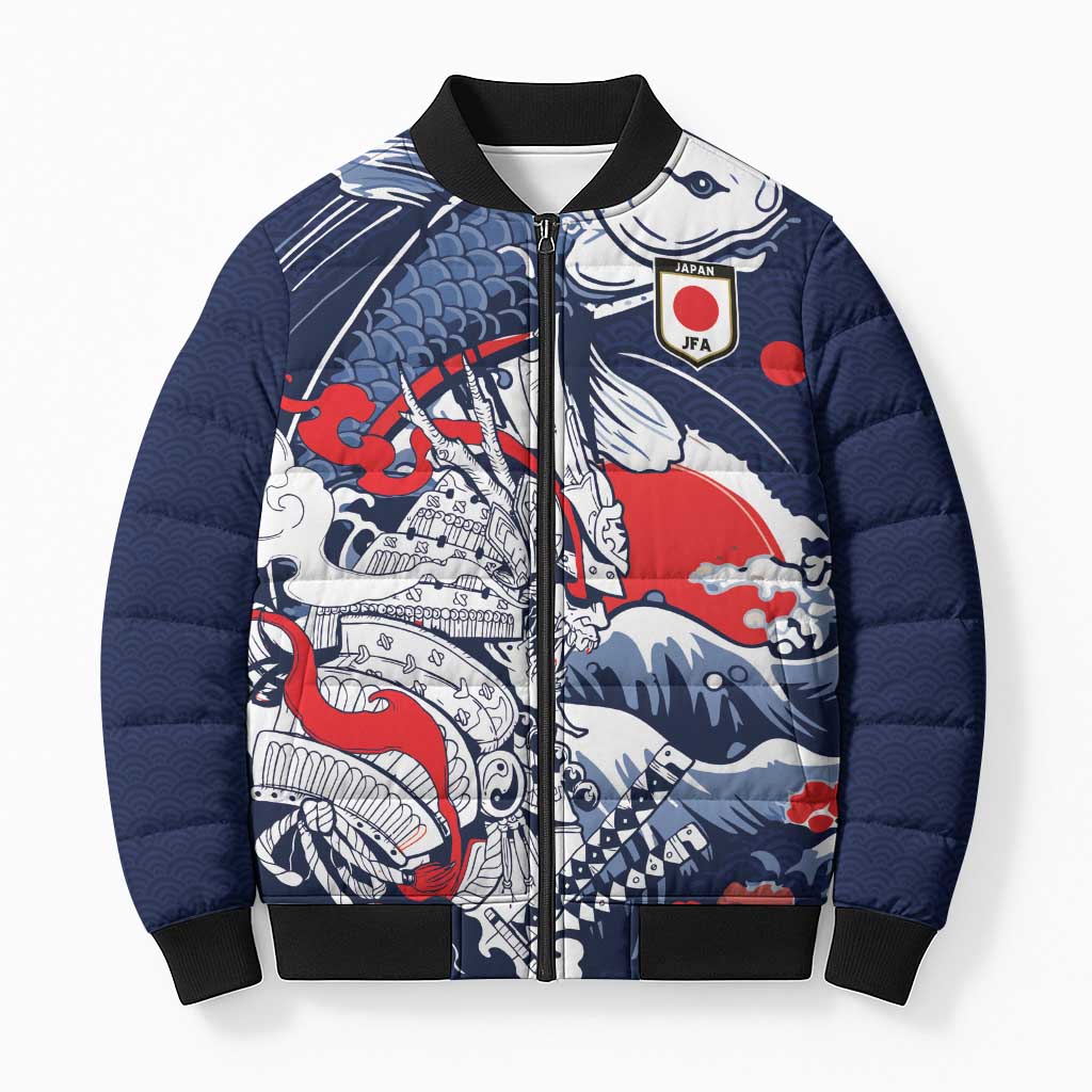 Personalized Football Japan Yatagarasu Bomber Puffer Jacket Blue Samurai Tsunami Wave Pattern