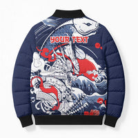 Personalized Football Japan Yatagarasu Bomber Puffer Jacket Blue Samurai Tsunami Wave Pattern