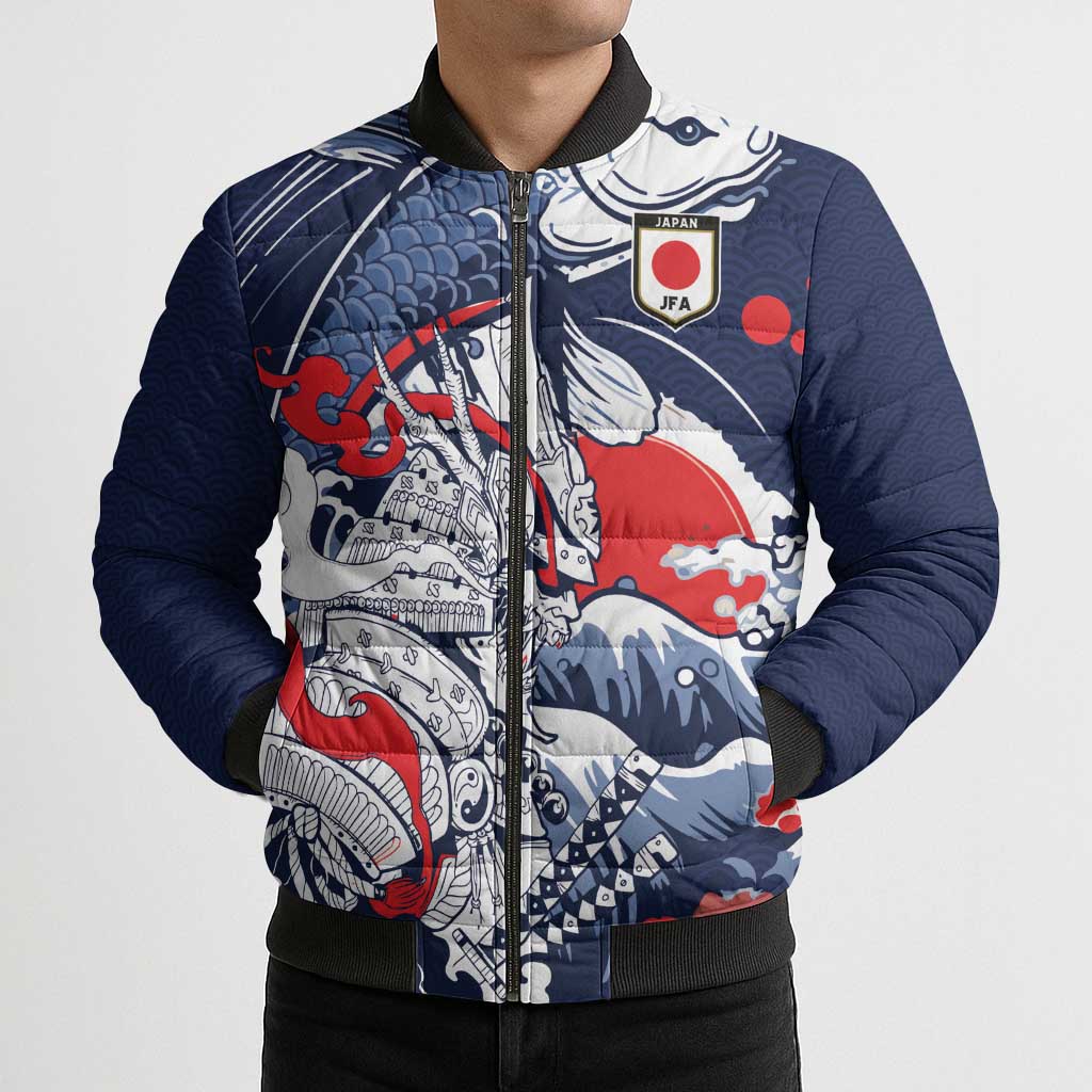 Personalized Football Japan Yatagarasu Bomber Puffer Jacket Blue Samurai Tsunami Wave Pattern