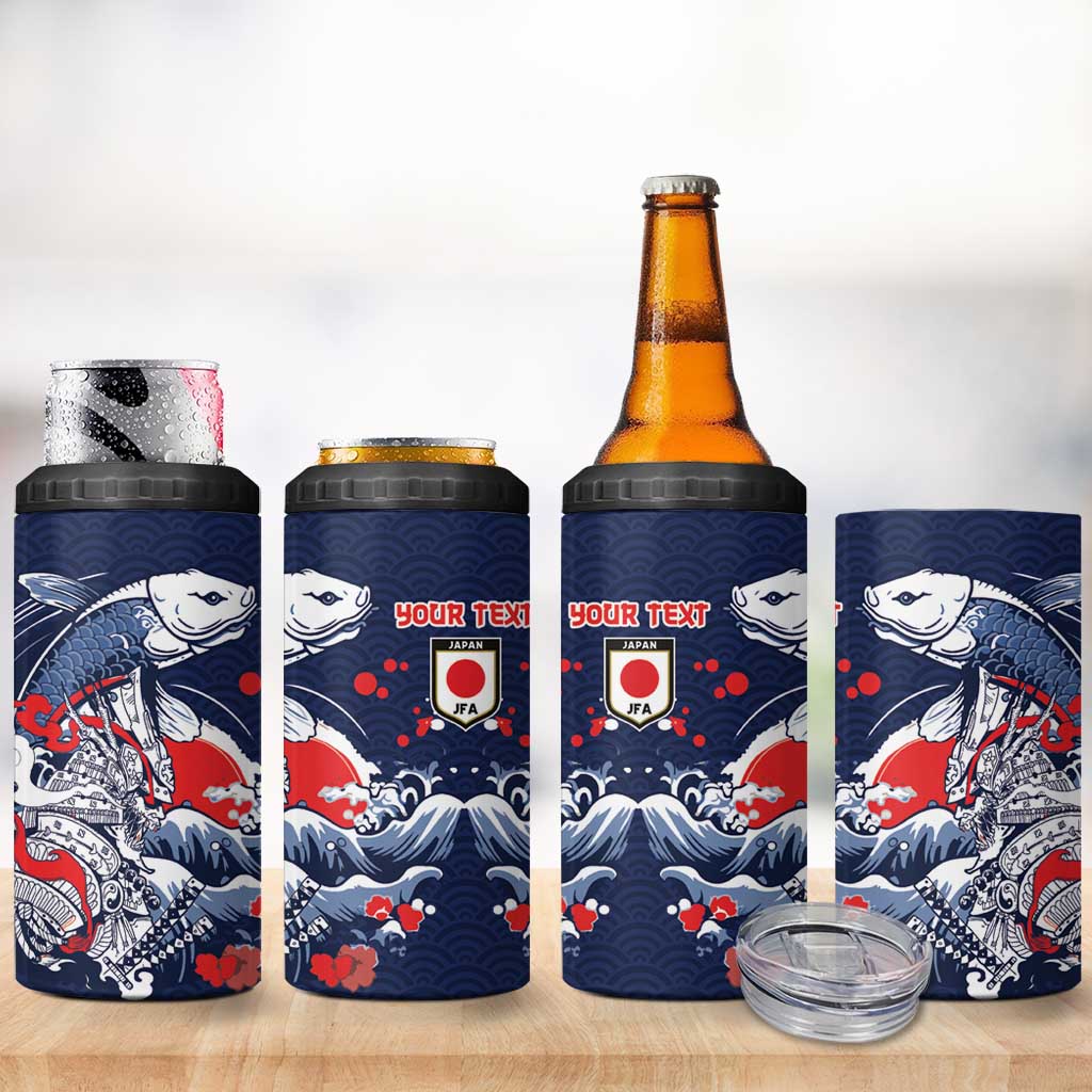 Personalized Football Japan Yatagarasu 4 in 1 Can Cooler Tumbler Blue Samurai Tsunami Wave Pattern