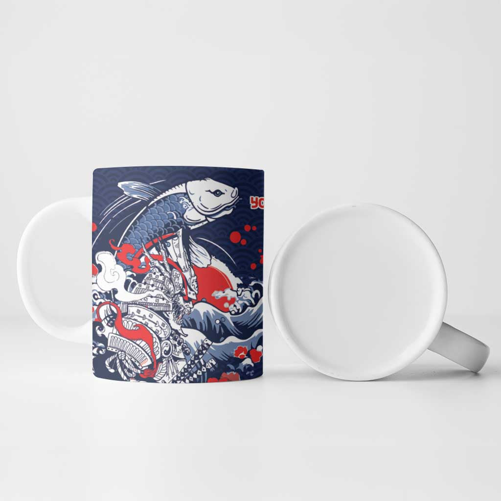 Personalized Football Japan Yatagarasu Ceramic Mug Blue Samurai Tsunami Wave Pattern