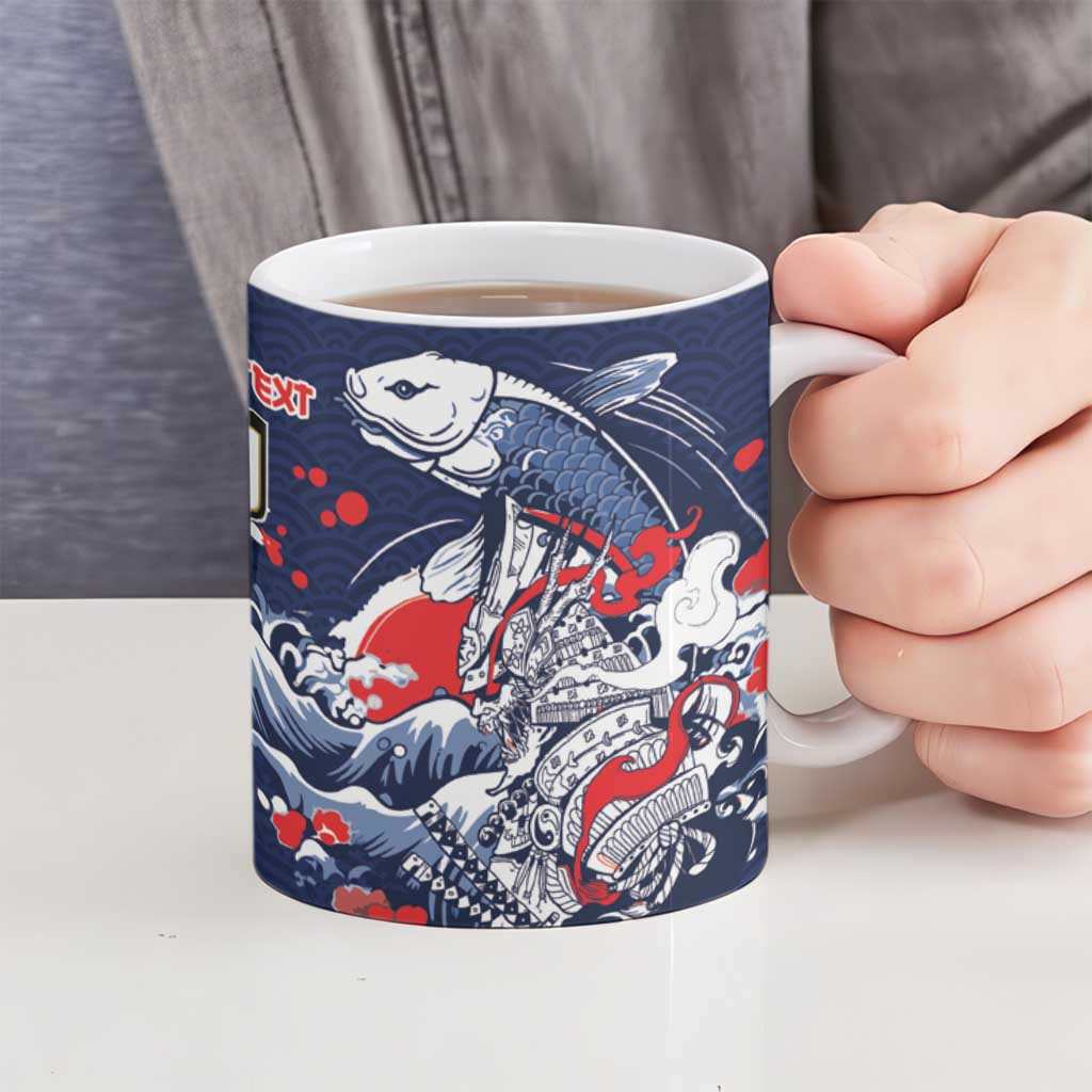 Personalized Football Japan Yatagarasu Ceramic Mug Blue Samurai Tsunami Wave Pattern