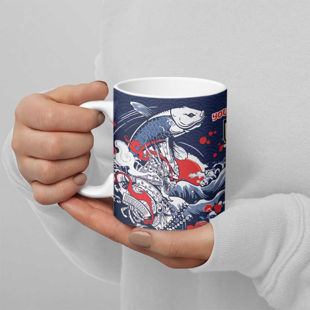 Personalized Football Japan Yatagarasu Ceramic Mug Blue Samurai Tsunami Wave Pattern
