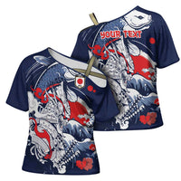 Personalized Football Japan Yatagarasu Cross Shoulder Shirt Blue Samurai Tsunami Wave Pattern