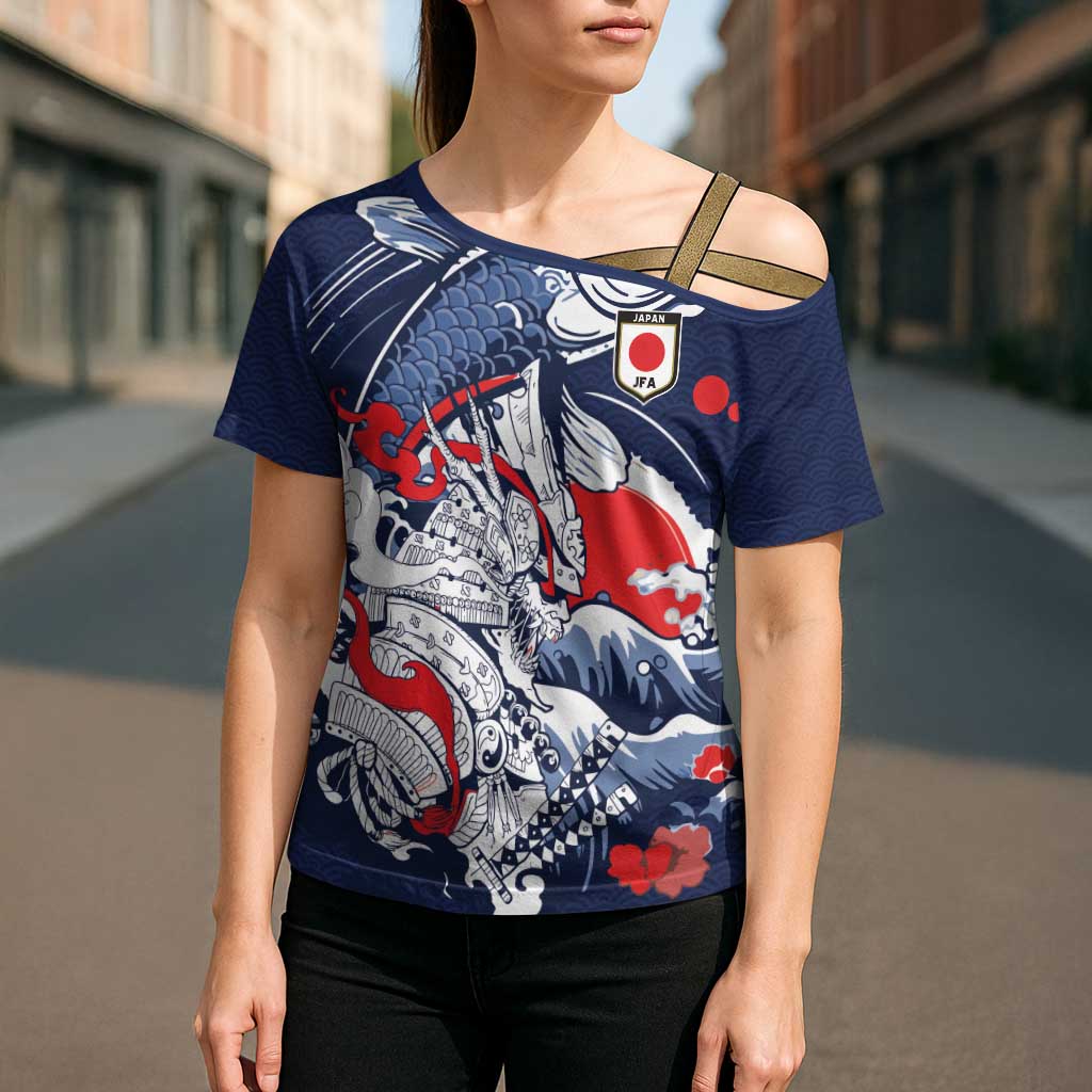 Personalized Football Japan Yatagarasu Cross Shoulder Shirt Blue Samurai Tsunami Wave Pattern