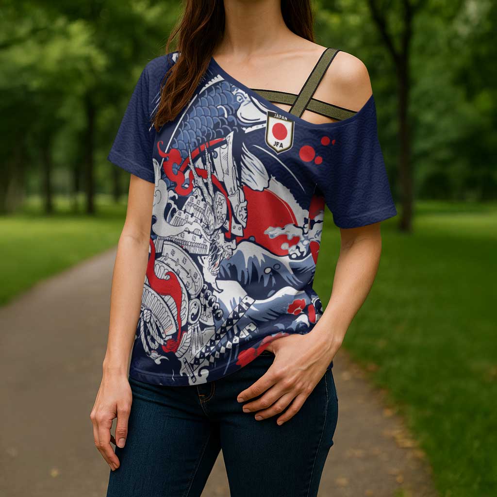 Personalized Football Japan Yatagarasu Cross Shoulder Shirt Blue Samurai Tsunami Wave Pattern