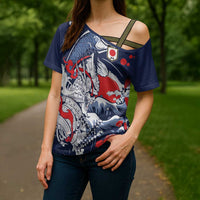 Personalized Football Japan Yatagarasu Cross Shoulder Shirt Blue Samurai Tsunami Wave Pattern