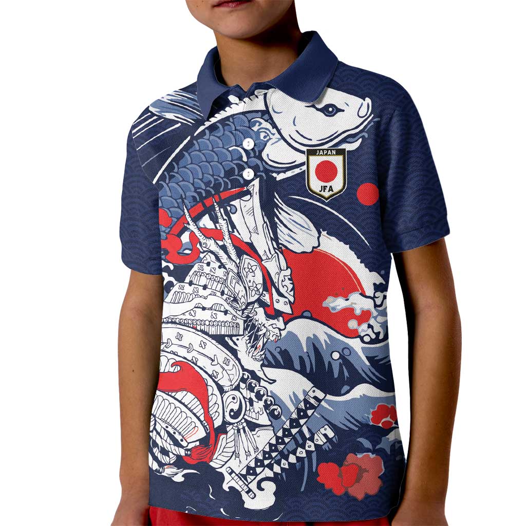 Personalized Football Japan Yatagarasu Kid Polo Shirt Blue Samurai Tsunami Wave Pattern