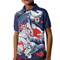 Personalized Football Japan Yatagarasu Kid Polo Shirt Blue Samurai Tsunami Wave Pattern