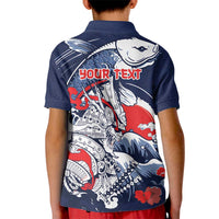 Personalized Football Japan Yatagarasu Kid Polo Shirt Blue Samurai Tsunami Wave Pattern