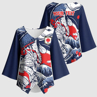 Personalized Football Japan Yatagarasu Kimono Sleeve Blouse Blue Samurai Tsunami Wave Pattern