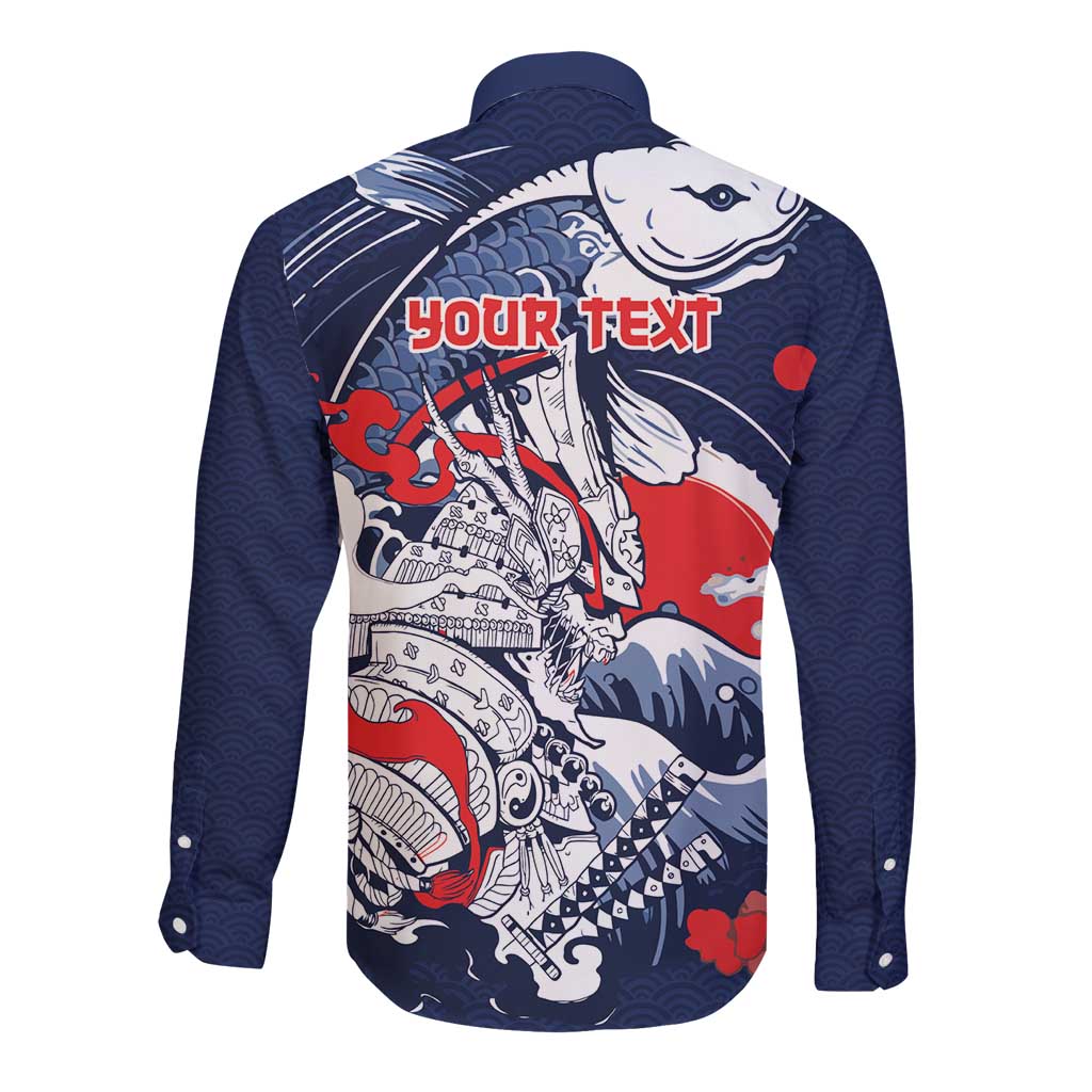 Personalized Football Japan Yatagarasu Long Sleeve Button Shirt Blue Samurai Tsunami Wave Pattern