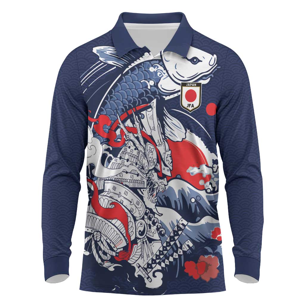 Personalized Football Japan Yatagarasu Long Sleeve Polo Shirt Blue Samurai Tsunami Wave Pattern