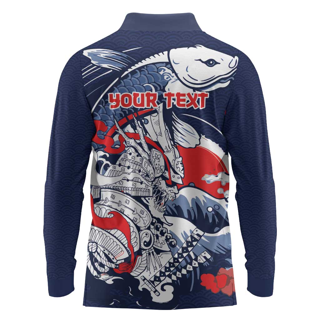 Personalized Football Japan Yatagarasu Long Sleeve Polo Shirt Blue Samurai Tsunami Wave Pattern