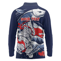 Personalized Football Japan Yatagarasu Long Sleeve Polo Shirt Blue Samurai Tsunami Wave Pattern