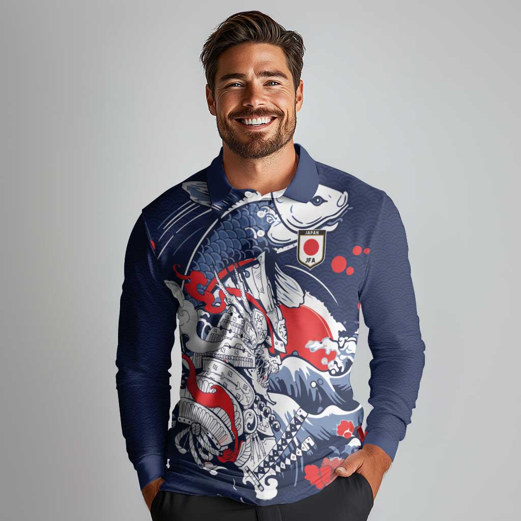 Personalized Football Japan Yatagarasu Long Sleeve Polo Shirt Blue Samurai Tsunami Wave Pattern