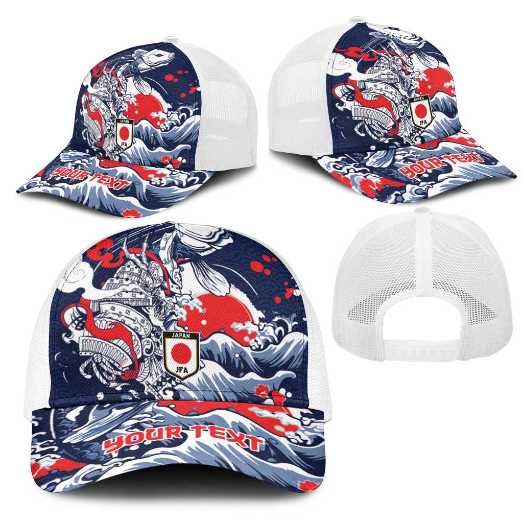Personalized Football Japan Yatagarasu Mesh Trucker Cap Blue Samurai Tsunami Wave Pattern