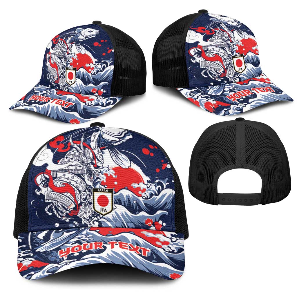 Personalized Football Japan Yatagarasu Mesh Trucker Cap Blue Samurai Tsunami Wave Pattern