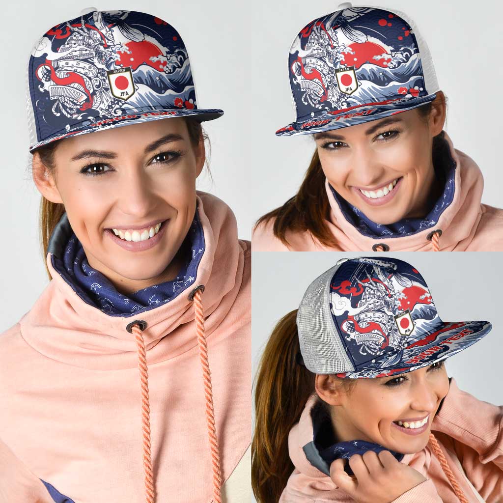 Personalized Football Japan Yatagarasu Mesh Trucker Cap Blue Samurai Tsunami Wave Pattern
