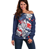 Personalized Football Japan Yatagarasu Off Shoulder Sweater Blue Samurai Tsunami Wave Pattern