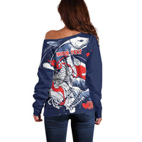 Personalized Football Japan Yatagarasu Off Shoulder Sweater Blue Samurai Tsunami Wave Pattern
