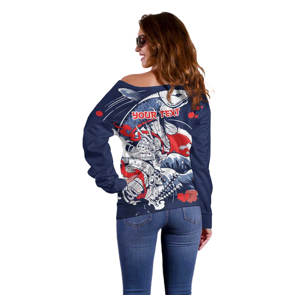 Personalized Football Japan Yatagarasu Off Shoulder Sweater Blue Samurai Tsunami Wave Pattern