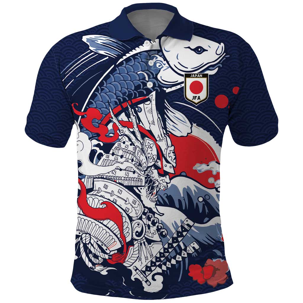 Personalized Football Japan Yatagarasu Polo Shirt Blue Samurai Tsunami Wave Pattern