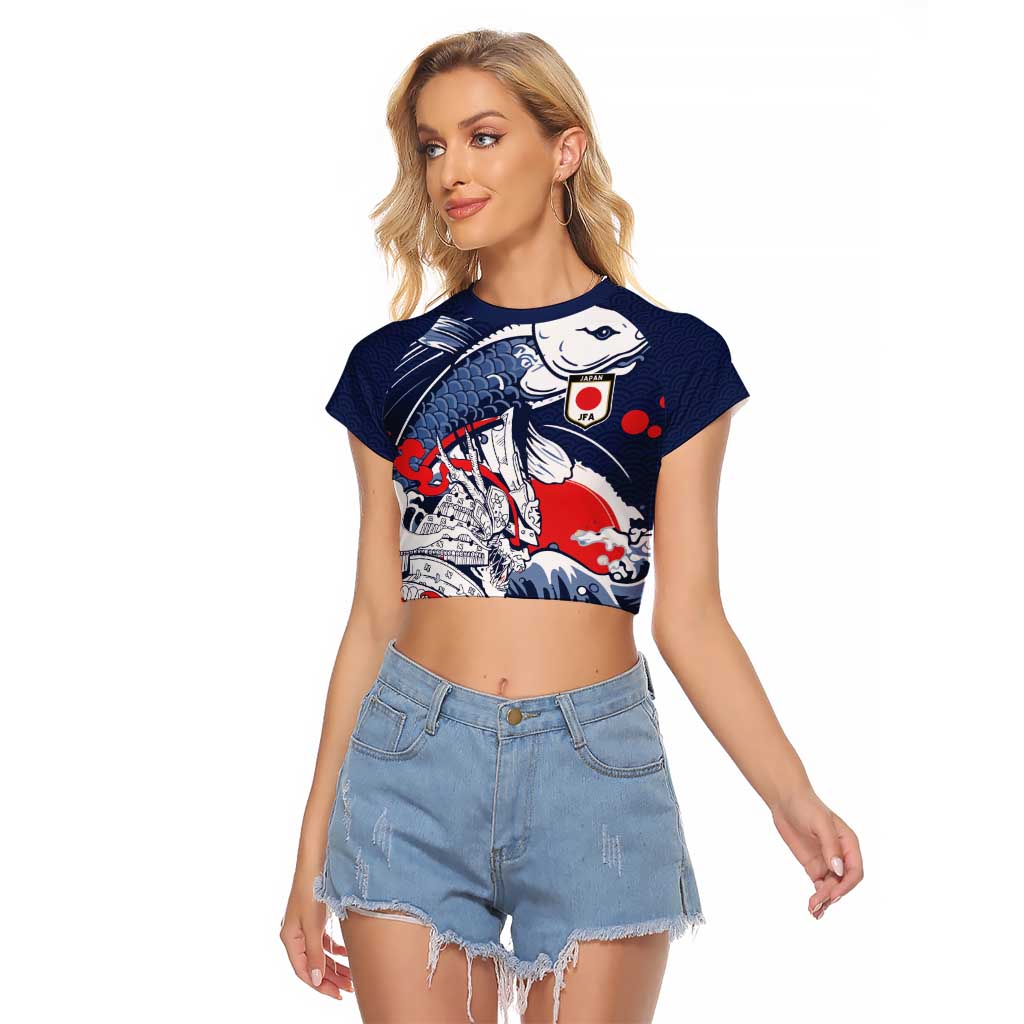 Personalized Football Japan Yatagarasu Raglan Cropped T Shirt Blue Samurai Tsunami Wave Pattern