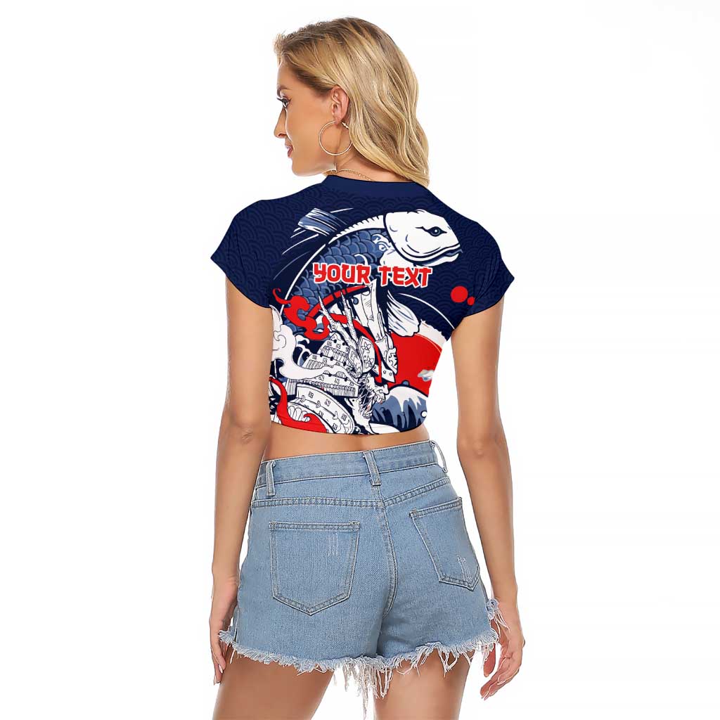 Personalized Football Japan Yatagarasu Raglan Cropped T Shirt Blue Samurai Tsunami Wave Pattern