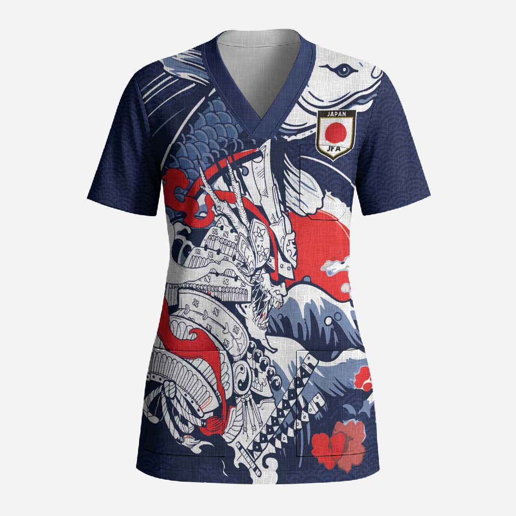 Personalized Football Japan Yatagarasu Scrub Top Blue Samurai Tsunami Wave Pattern