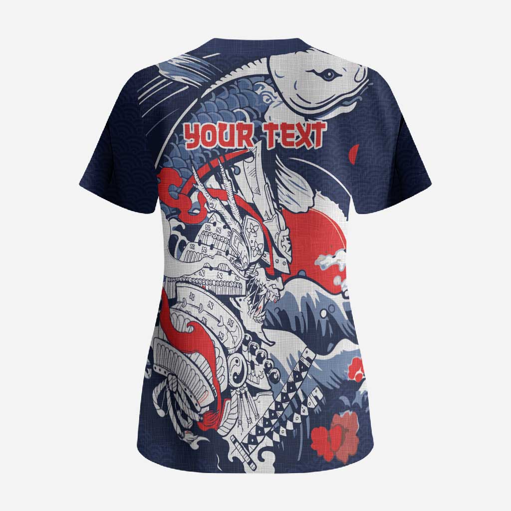 Personalized Football Japan Yatagarasu Scrub Top Blue Samurai Tsunami Wave Pattern